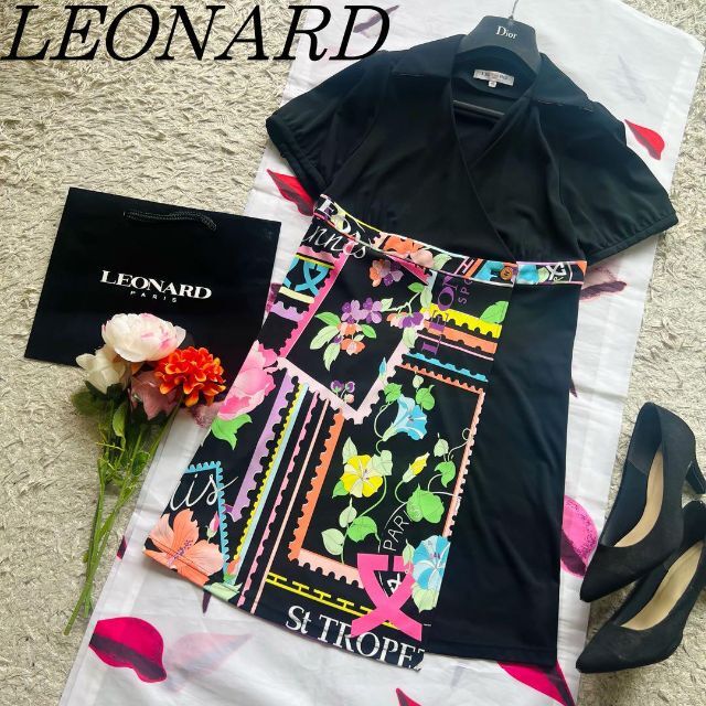 【美品】LEONARD ポロシャツワンピース 総柄 ブラック 半袖 40 襟