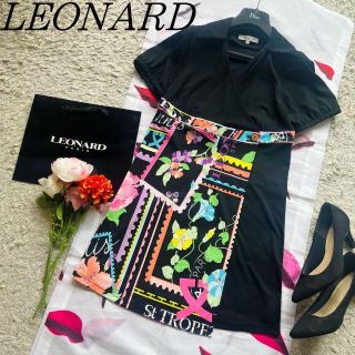 レオナール(LEONARD)の【美品】LEONARD ポロシャツワンピース 総柄 ブラック 半袖 40 襟(ひざ丈ワンピース)