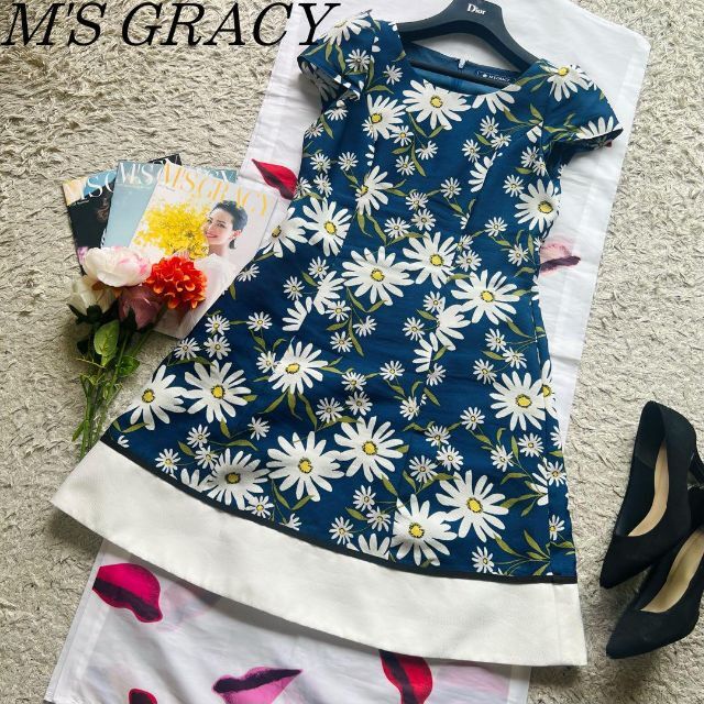 【美品】M'S GRACY 花柄フレアワンピース ブルー ホワイト 半袖 38 | フリマアプリ ラクマ