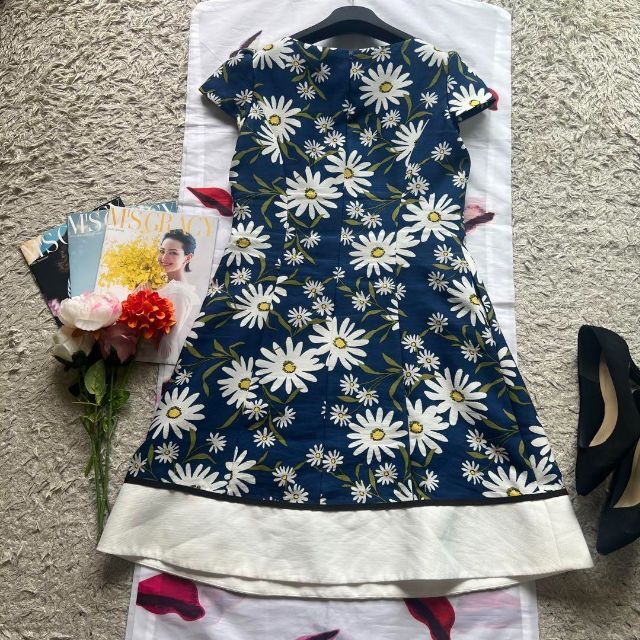 【美品】M'S GRACY 花柄フレアワンピース ブルー ホワイト 半袖 38