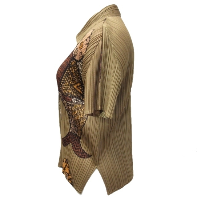 PLEATS PLEASE シャツ 半袖 魚 ブラウン-