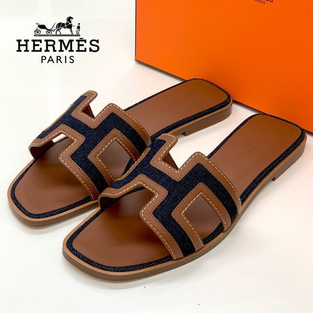 Hermes(エルメス)の6663 未使用 エルメス オラン レザー デニム サンダル ブラウン レディースの靴/シューズ(サンダル)の商品写真