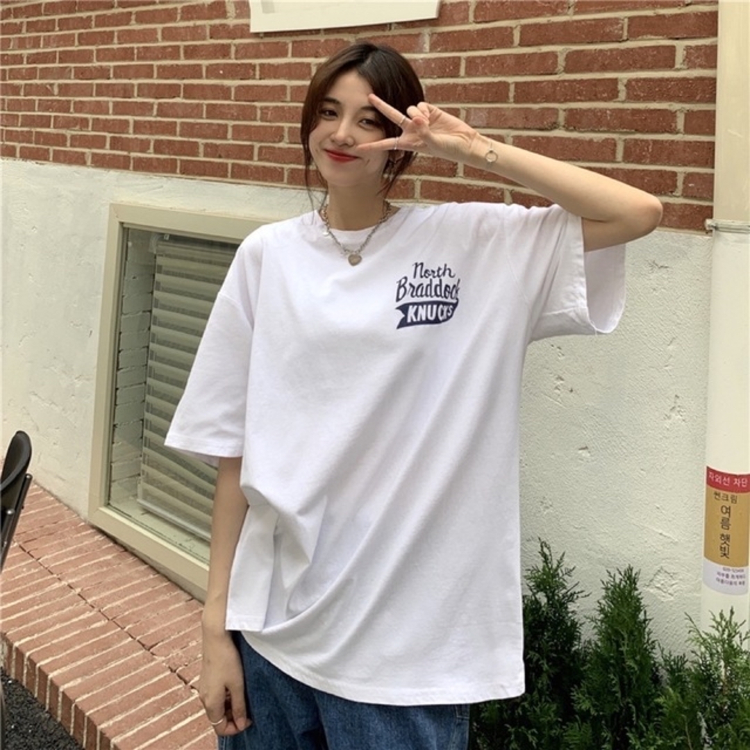 レディース　トップス　半袖　Tシャツ　カジュアル　オーバーサイズ　ストリート　白 レディースのトップス(Tシャツ(半袖/袖なし))の商品写真