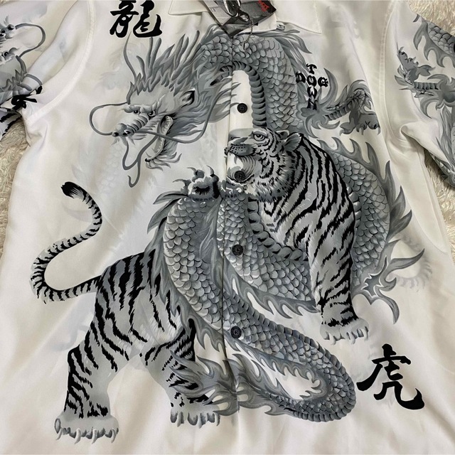 希少*未使用タグ付き【ドッグタウン黒龍】黒XL龍虎シャツロゴ刺繍ポリエステル総柄