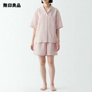 ムジルシリョウヒン(MUJI (無印良品))の無印良品 天然素材の接触冷感 リヨセル麻半袖パジャマ／ピンクストライプ／Ｌ(パジャマ)