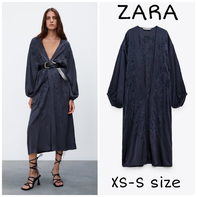 ZARA(ザラ)のZARA　刺繍入りロング丈キモノ風トップス　XS-Sサイズ レディースのワンピース(ロングワンピース/マキシワンピース)の商品写真