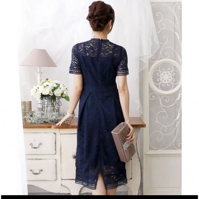 POURVOUS(プールヴー)のプールヴー　パネルレースタックワンピースドレスネイビー レディースのフォーマル/ドレス(ミディアムドレス)の商品写真