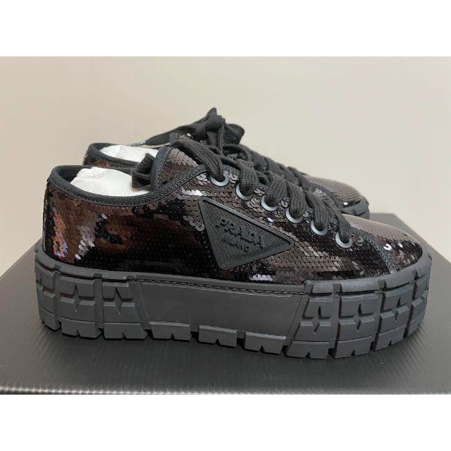 プラダ☆PRADA 未使用ダブルホイールスニーカー37黒スパンコール-