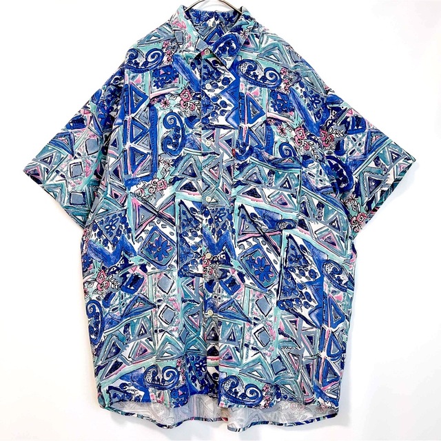 シャツ 半袖 オーバーサイズ 柄シャツ 総柄 ブルー ヴィンテージ アート 古着 メンズのトップス(シャツ)の商品写真