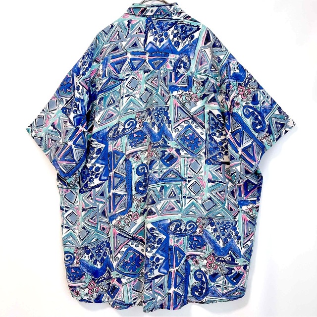 シャツ 半袖 オーバーサイズ 柄シャツ 総柄 ブルー ヴィンテージ アート 古着 メンズのトップス(シャツ)の商品写真