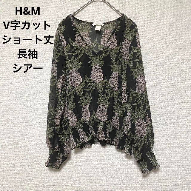 H&M(エイチアンドエム)の2956 H&M シアーカットソー ショート丈 V字カット 総柄 パイン 黒系 レディースのトップス(カットソー(長袖/七分))の商品写真