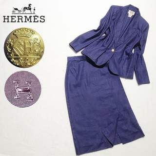 エルメス(Hermes)の【稀少 良品】エルメス　スカート スーツセットアップ リネン 金ボタン 40 紺(スーツ)