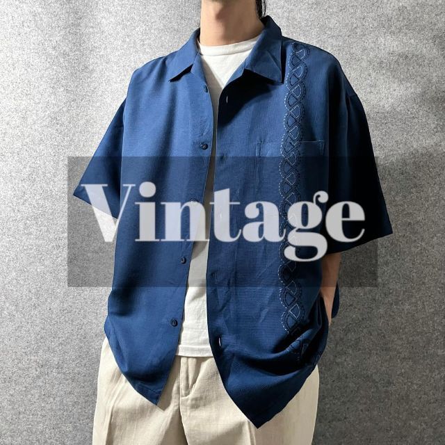 【vintage】刺繍 デザイン 半袖 キューバシャツ調 開襟 シャツ 青 3L