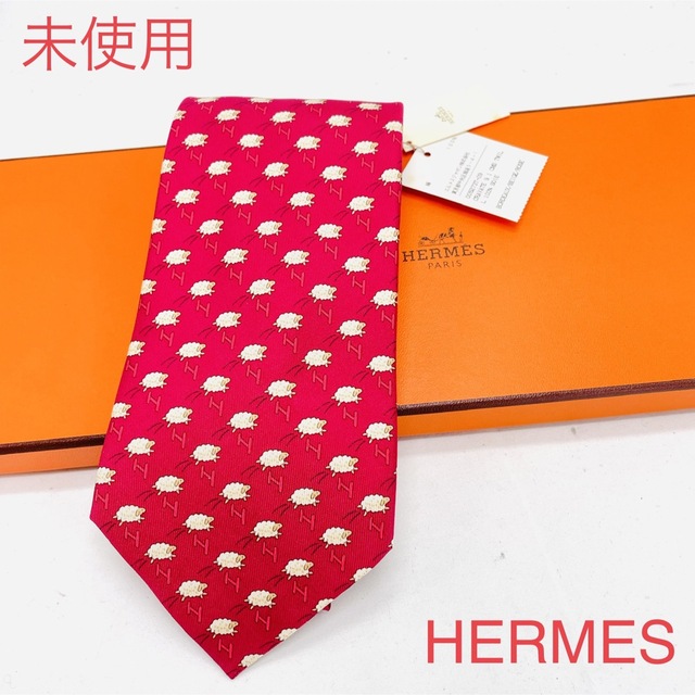 未使用 HERMES エルメス ネクタイ H ヒツジ柄 動物柄 シルク フランス