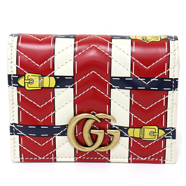 GUCCI グッチ GGマーモント カードケース コイン＆紙幣入れ付き コンパクトウォレット 二つ折り財布　ミニ財布 キルティングレザー ベルト模様 466492 ホワイト レッド アンティークゴールド金具 未使用品