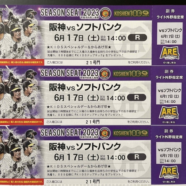 6/17(土)  阪神vsソフトバンク　3席スポーツ