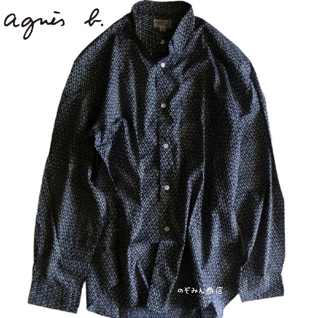 【agnès b.】美品　長袖シャツ　総柄　紺　日本製　L-XL相当★