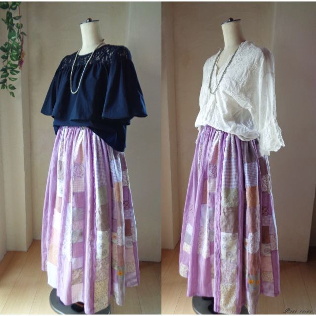 紫陽花の夢 絵画なパッチワークスカート ロング丈 ウエストゴム レディースのスカート(ロングスカート)の商品写真
