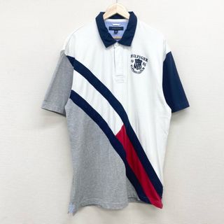 トミーヒルフィガー(TOMMY HILFIGER)のUS古着 トミーヒルフィガー TOMMY HILFIGER ラガーシャツ 半袖 エンブレム 刺繍 フラッグ マチ付き サイズ：メンズ XXL ビッグサイズ ホワイト×ネイビー×グレー 【中古】(ポロシャツ)