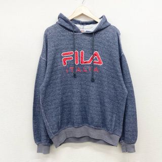 フィラ(FILA)のUS古着 フィラ FILA パイル地 パーカー プルオーバー コットン×ポリ 長袖 ロゴ ワッペン サイズ：メンズ M グレー 【中古】(スウェット)