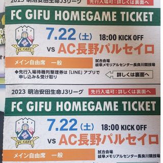 FC岐阜　ホームメイン自由席一般　２枚　先行入場可能(サッカー)