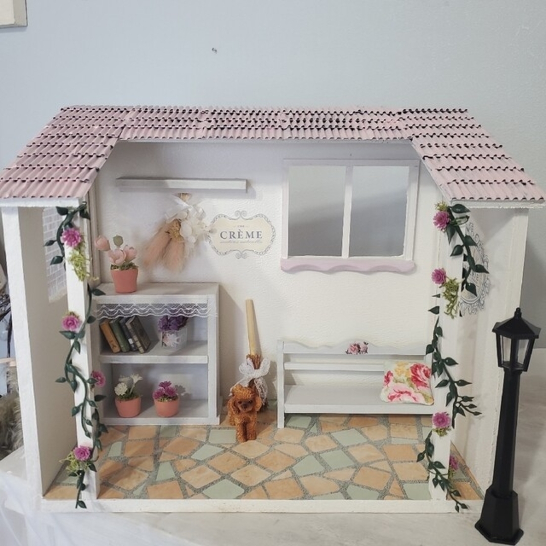 ハンドメイド その他【最終価格】ピンク瓦屋根*ガーデン小屋*ドールハウス*ハンドメイド*プチブライス