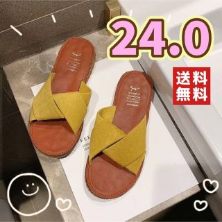 フラットサンダル【マスタード/24cm】ぺたんこ ツイストリボン レディース(サンダル)