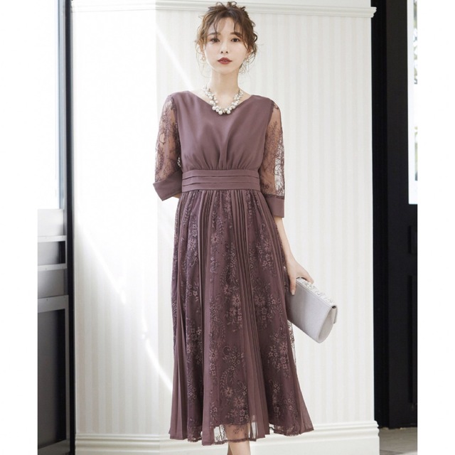 FASHION LETTER(ファッションレター)のniana プリーツ×レース 7分袖結婚式ワンピースドレス成人式同窓会二次会 レディースのフォーマル/ドレス(ロングドレス)の商品写真