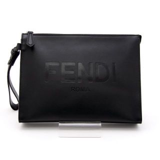 フェンディ(FENDI)の美品 フェンディ クラッチバッグ ロゴ レザー ブラック リストレット付 黒(セカンドバッグ/クラッチバッグ)