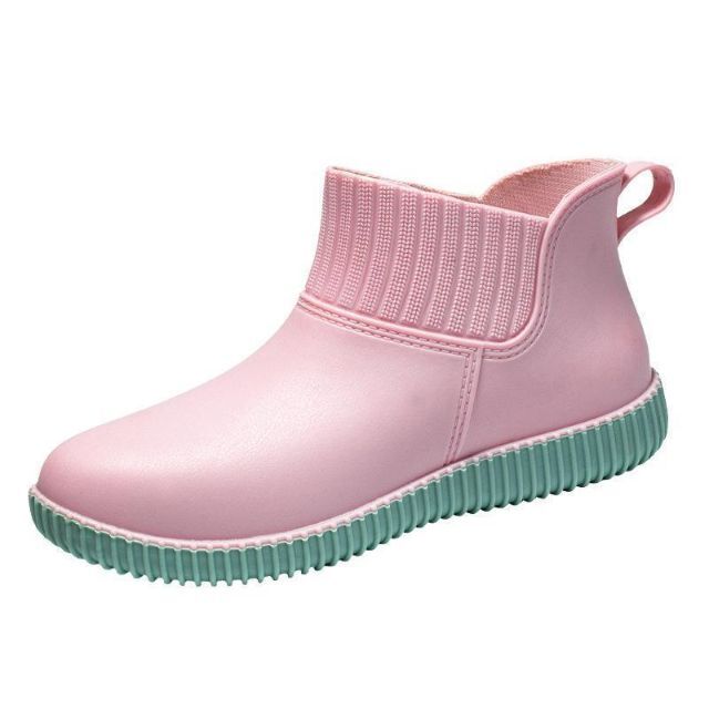 【24センチ】ピンク×グリーン　レインブーツ　レインシューズ　ショート丈　防水 レディースの靴/シューズ(レインブーツ/長靴)の商品写真