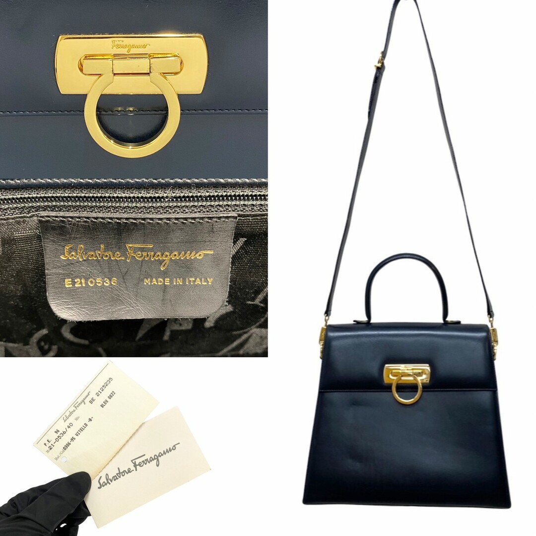 極 美品 Salvatore Ferragamo フェラガモ ガンチーニ 金具 ロゴ カーフ レザー 本革 2way ハンドバッグ ショルダーバッグ  ネイビー 81840