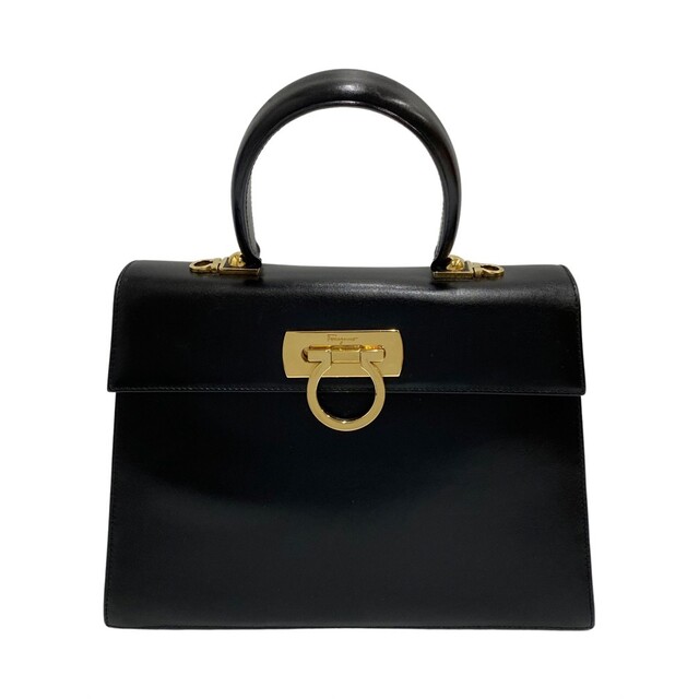 最安値で Ferragamo Salvatore 美品 極 - Ferragamo Salvatore フェラガモ 69714 ブラック トートバッグ ミニ ハンドバッグ 本革 レザー カーフ ロゴ 金具 ガンチーニ ハンドバッグ
