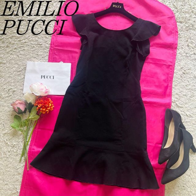 【美品】EMILIO PUCCI フリルワンピース ブラック フレンチスリーブ