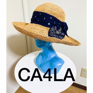 カシラ(CA4LA)のca4la 日本製　ラフィア　帽子　麦わら帽子　ハット　鍔広帽　リボン　ビーズ(麦わら帽子/ストローハット)