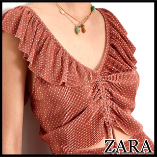 ザラ(ZARA)のZARA 肩フリル ドット柄 ショート丈 クロップ トップス カットソー リボン(Tシャツ(半袖/袖なし))
