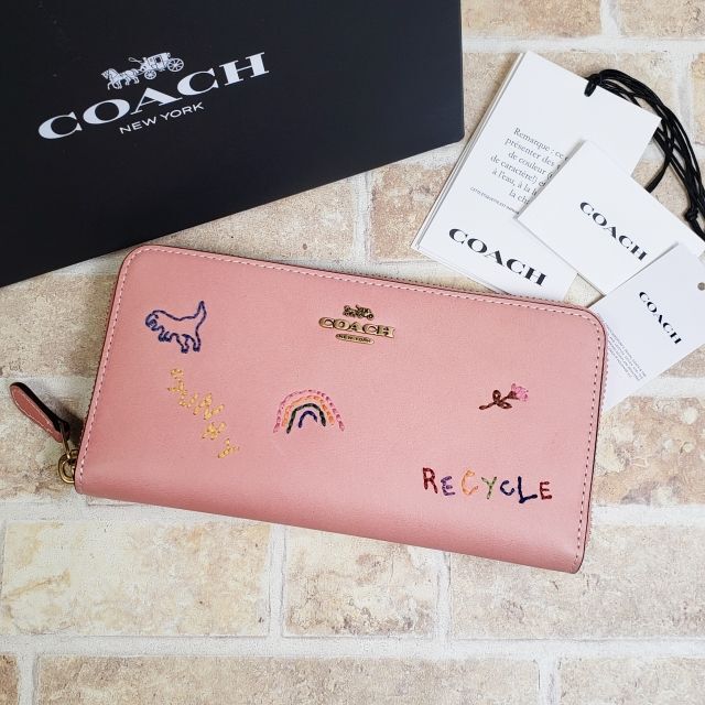 未使用 コーチ COACH ☆ 刺繍 レザー ラウンドジッパー 長財布 ピンク