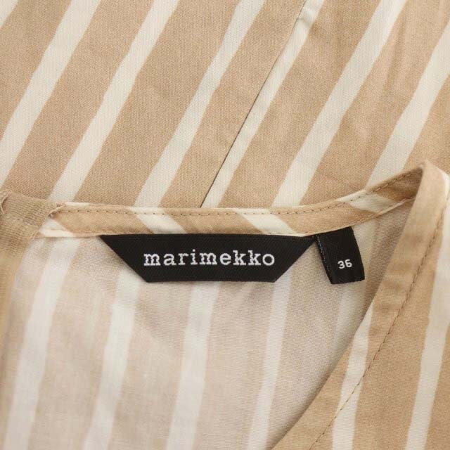 marimekko(マリメッコ)のマリメッコ ストライプ ワンピース 半袖 膝丈 36 ベージュ 白 ホワイト レディースのワンピース(ひざ丈ワンピース)の商品写真