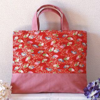 【セール品】レッスンバッグ♪ハンドメイド♪ 和柄♪レッド♪ピンク(バッグ/レッスンバッグ)