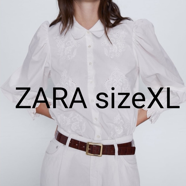 ZARA(ザラ)の新品タグ付きZARAザラsizeXL刺繍入りパフスリーブシャツボリュームスリーブ レディースのトップス(シャツ/ブラウス(半袖/袖なし))の商品写真