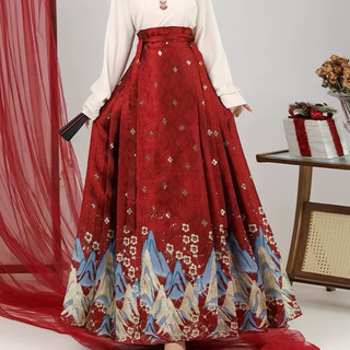 猫と柿　赤金色ロングスカート　馬面裙 明製漢服　中国伝統衣装　着物和服　結婚式