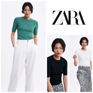 ザラ(ZARA)のZARA ザラ　五分袖　リブトップス　M サマーニット　クルーネック(ニット/セーター)