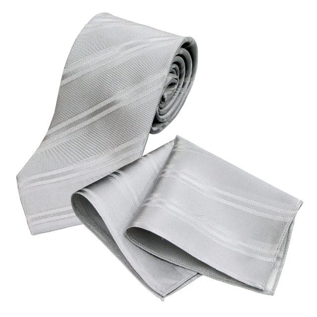 【色: ストライプ×シルバー】日本製 ふじやま織 シルク 結婚式用 ネクタイ＆チ