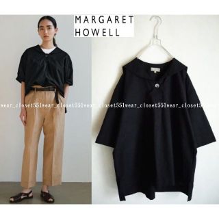 マーガレットハウエル(MARGARET HOWELL)の2022 美品マーガレットハウエル☆コットンリネン セーラーカラーシャツ 2 黒(シャツ/ブラウス(半袖/袖なし))