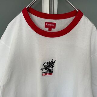 希少デザイン】シュプリーム☆ドラゴン刺繍ロゴ リンガーTシャツ 龍