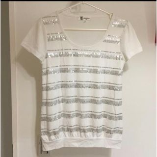 ミッシェルクラン(MICHEL KLEIN)のMK  ミッシェルクラン　スパンコールボーダー半袖Tシャツ白　M (Tシャツ/カットソー(半袖/袖なし))