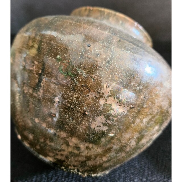 オンライン 発送 【古代中国古陶磁器】中国古美術 漢時代 漢緑釉褐釉 丸形 ハレーション 壺 陶芸