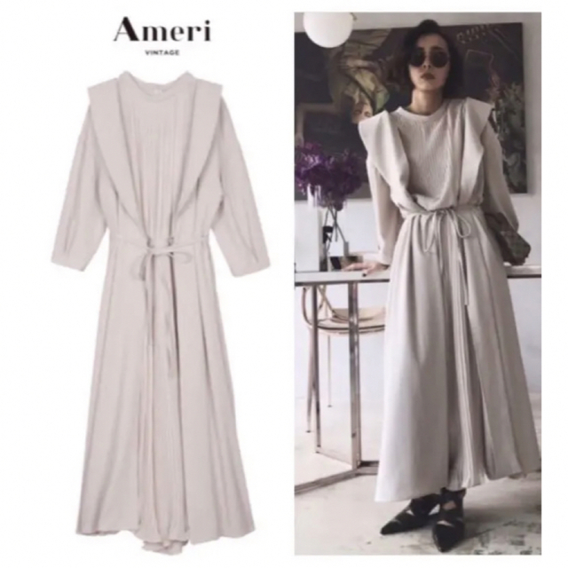 Ameri VINTAGE(アメリヴィンテージ)の★良品★AMERI 長袖フロントプリーツロングドレス ベージュ レディースのワンピース(ロングワンピース/マキシワンピース)の商品写真