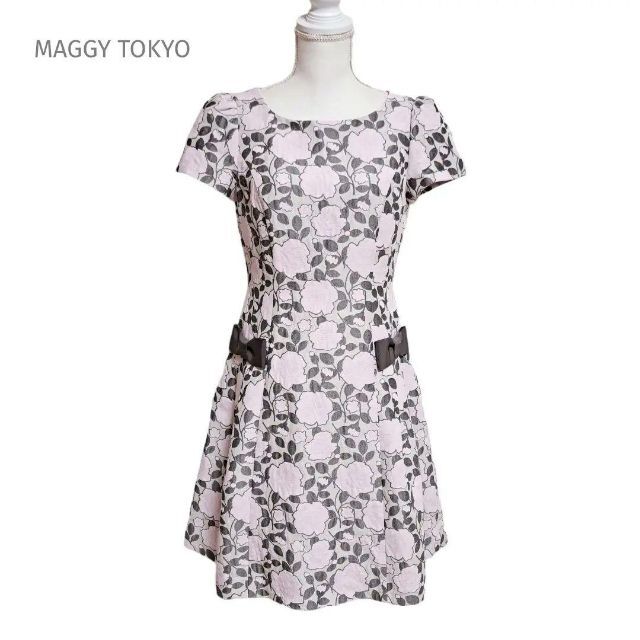 M'S GRACY(エムズグレイシー)の美品 MAGGY TOKYO エムズグレイシー ワンピース ジャカード 花柄 L レディースのワンピース(ひざ丈ワンピース)の商品写真