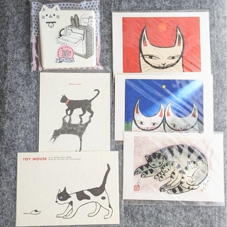 猫イラストポストカード５枚・猫ケース付きふせんセット