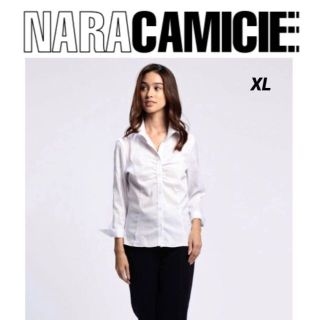 ナラカミーチェ(NARACAMICIE)のナラカミーチェ　サテンストライプ　胸ギャザー　刺繍ロゴ　七分袖シャツ　白　XL(シャツ/ブラウス(長袖/七分))